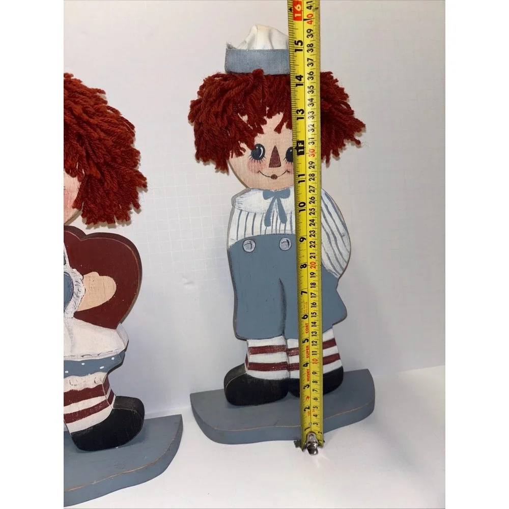 Large Raggedy Ann & Andy Wood Figures Hand Painted Yarn Hair Country Decor 14